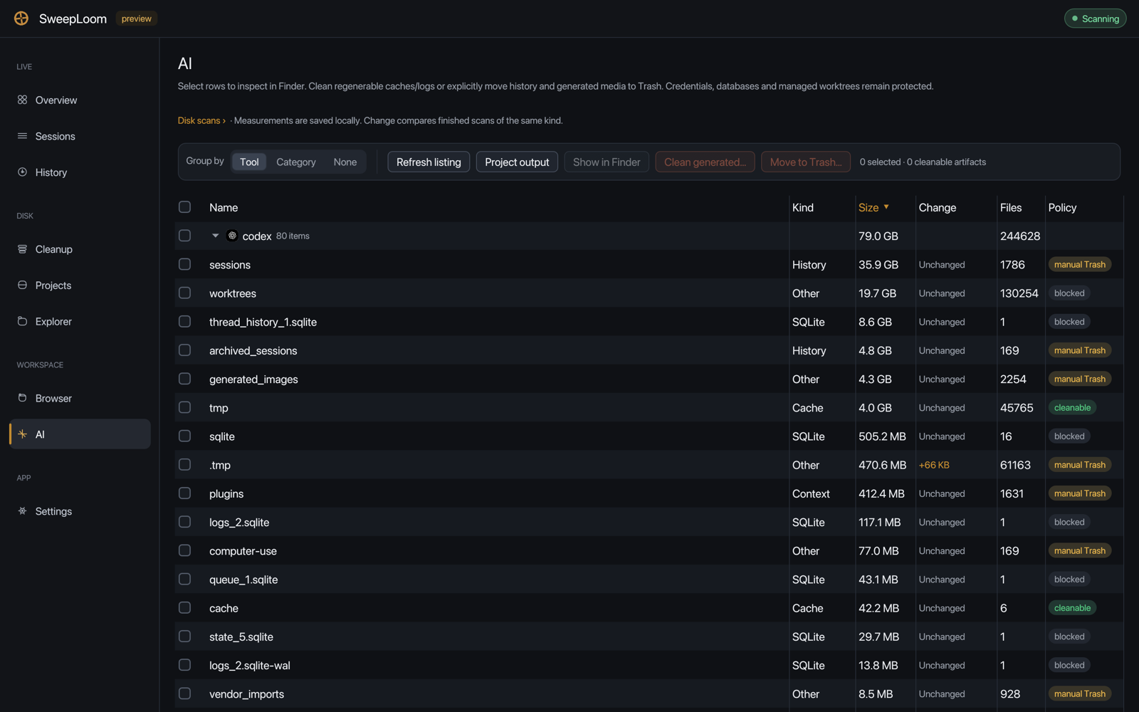 SweepLoom AI screen: a 79 GB Codex store with sessions, worktrees, SQLite files and caches, each with kind, size, change, file count and policy