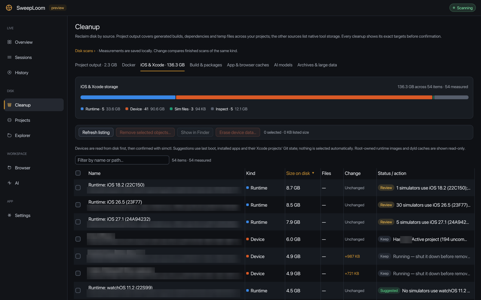 SweepLoom Cleanup, iOS & Xcode tab: 136 GB across runtimes and simulator devices with Review, Keep and Suggested verdicts