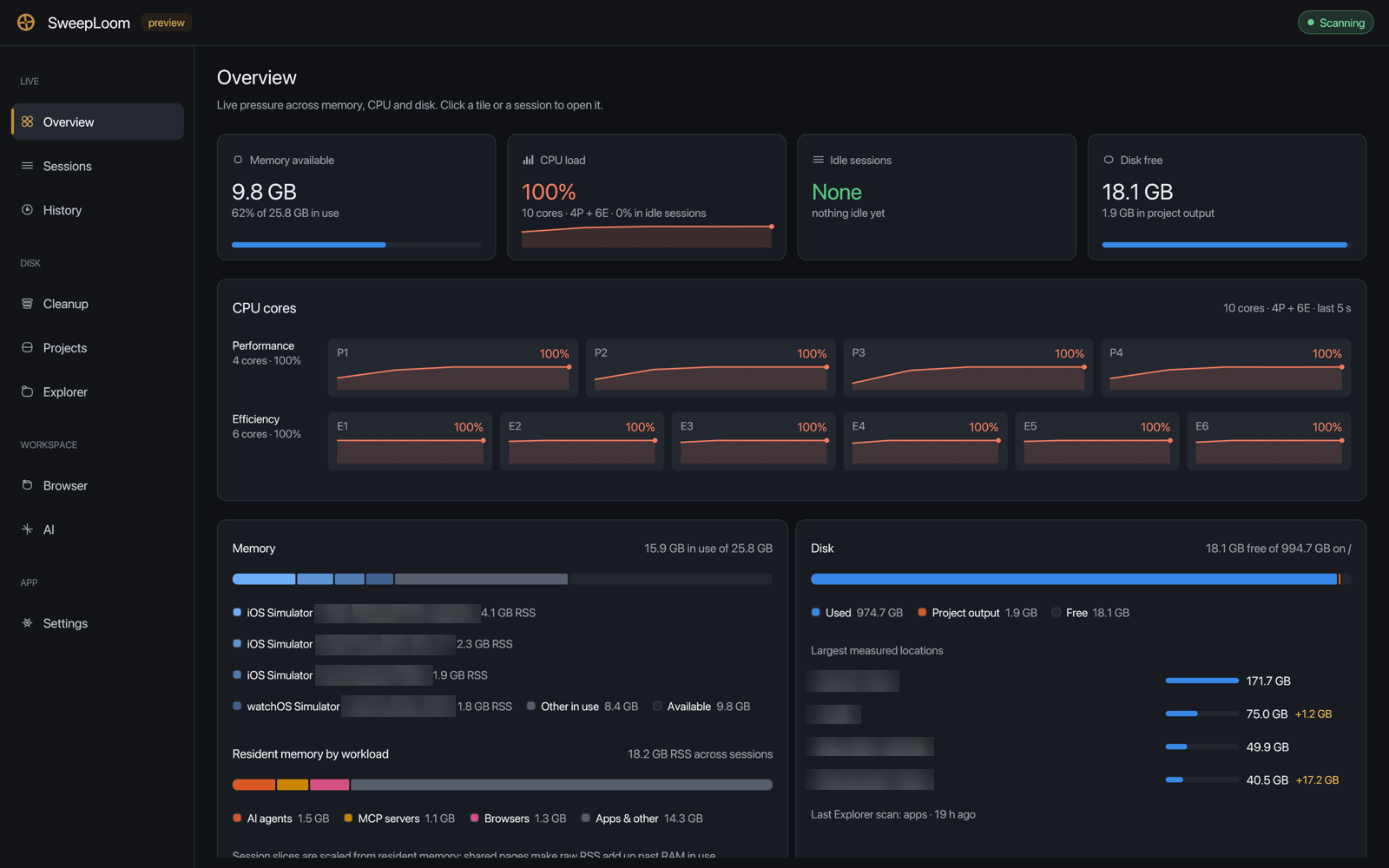 SweepLoom Overview: memory, CPU and disk tiles, ten per-core CPU charts split into four performance and six efficiency cores, memory and disk breakdowns
