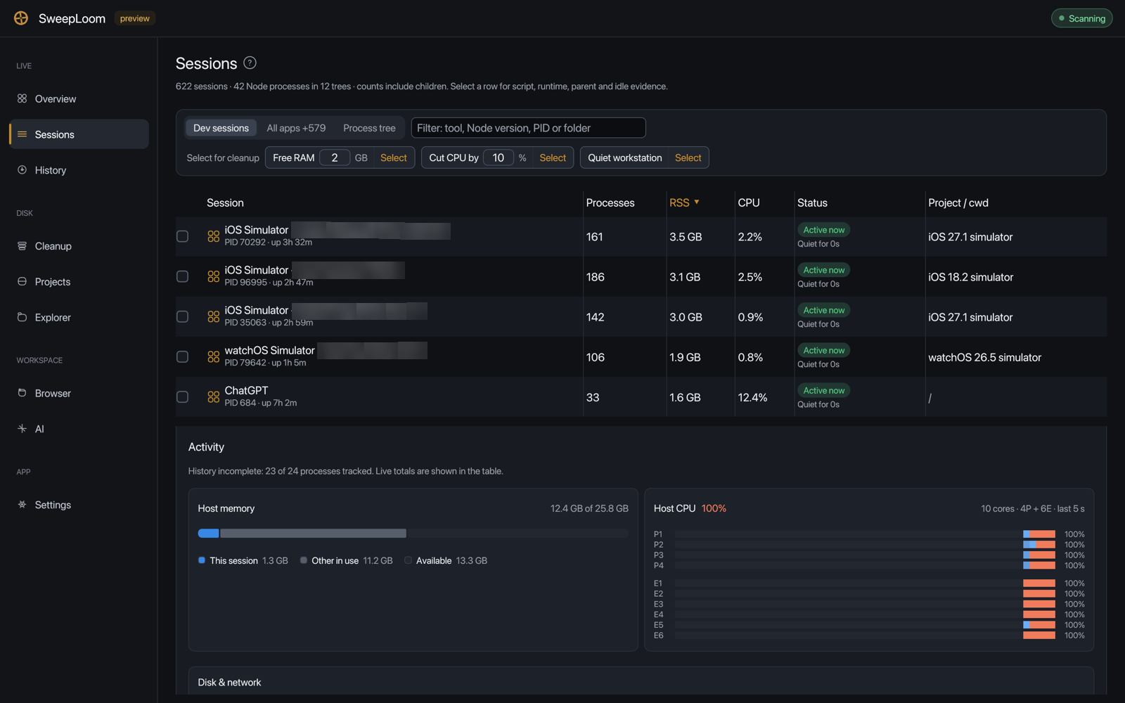 SweepLoom Sessions: simulator and app sessions with process counts, RSS, CPU, status and project, a cleanup planner above and per-core host CPU below